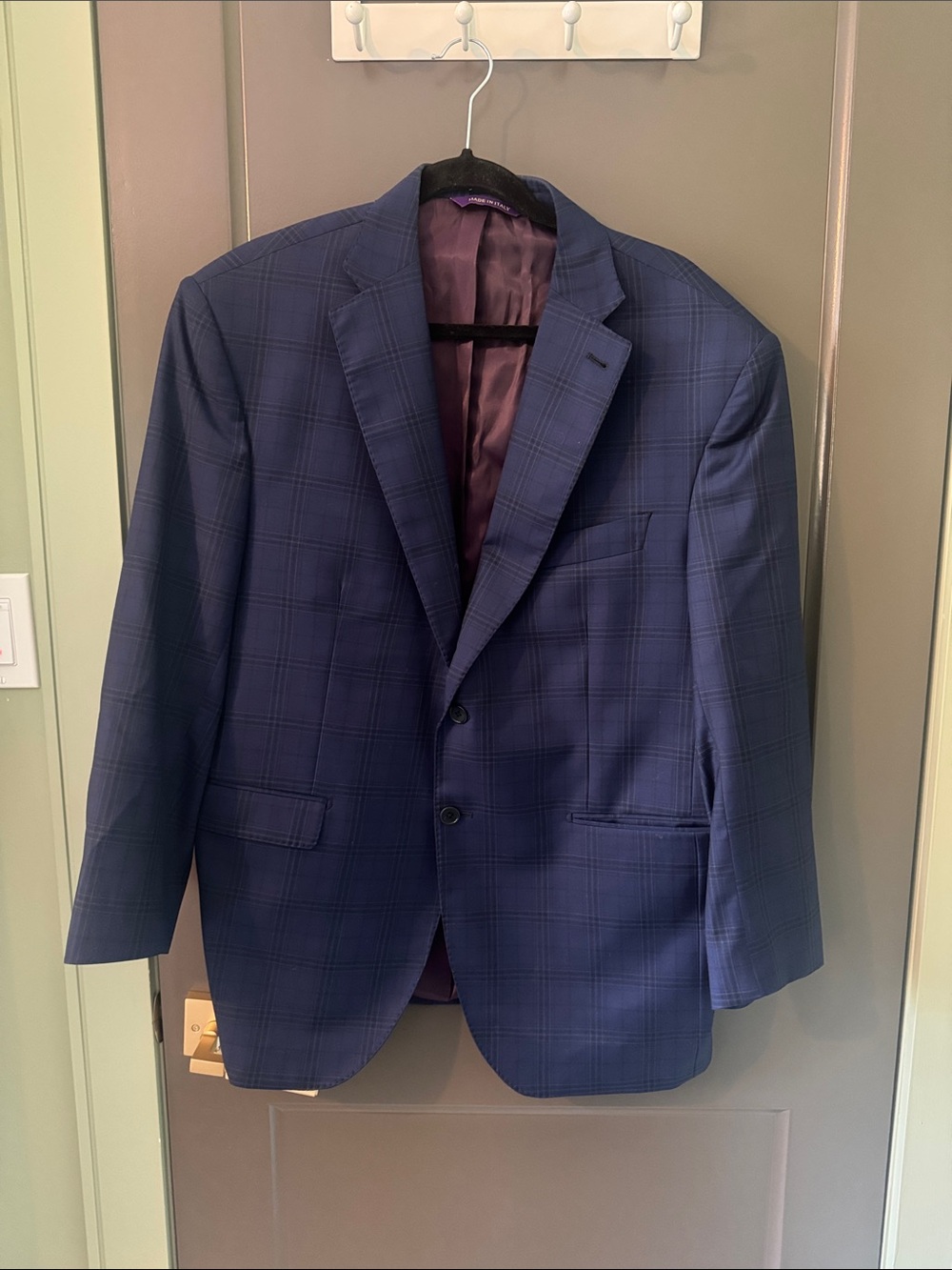 Men's Plaid Navy Two-Button Sport Coat, 100% wool, made in Italy by Principe, 48